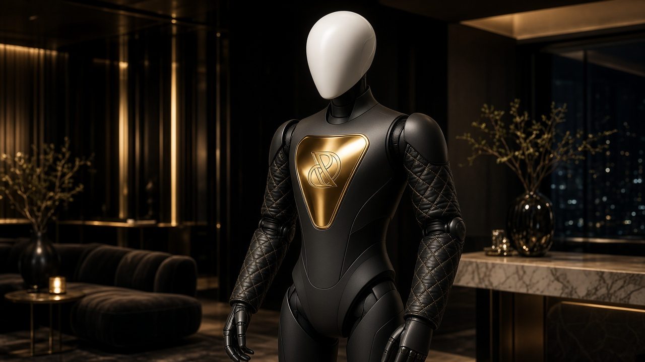 A sleek humanoid home robot in quilted black leather sleeves, black leather gloves and a gold-monogrammed chest plate, standing in a dimly lit penthouse at night