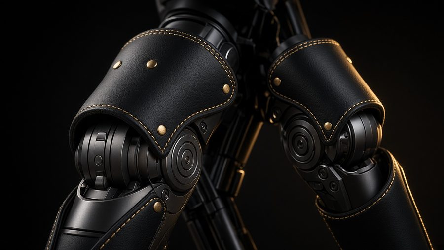 Padded black leather knee and elbow guards with gold contrast stitching on a humanoid robot's joints